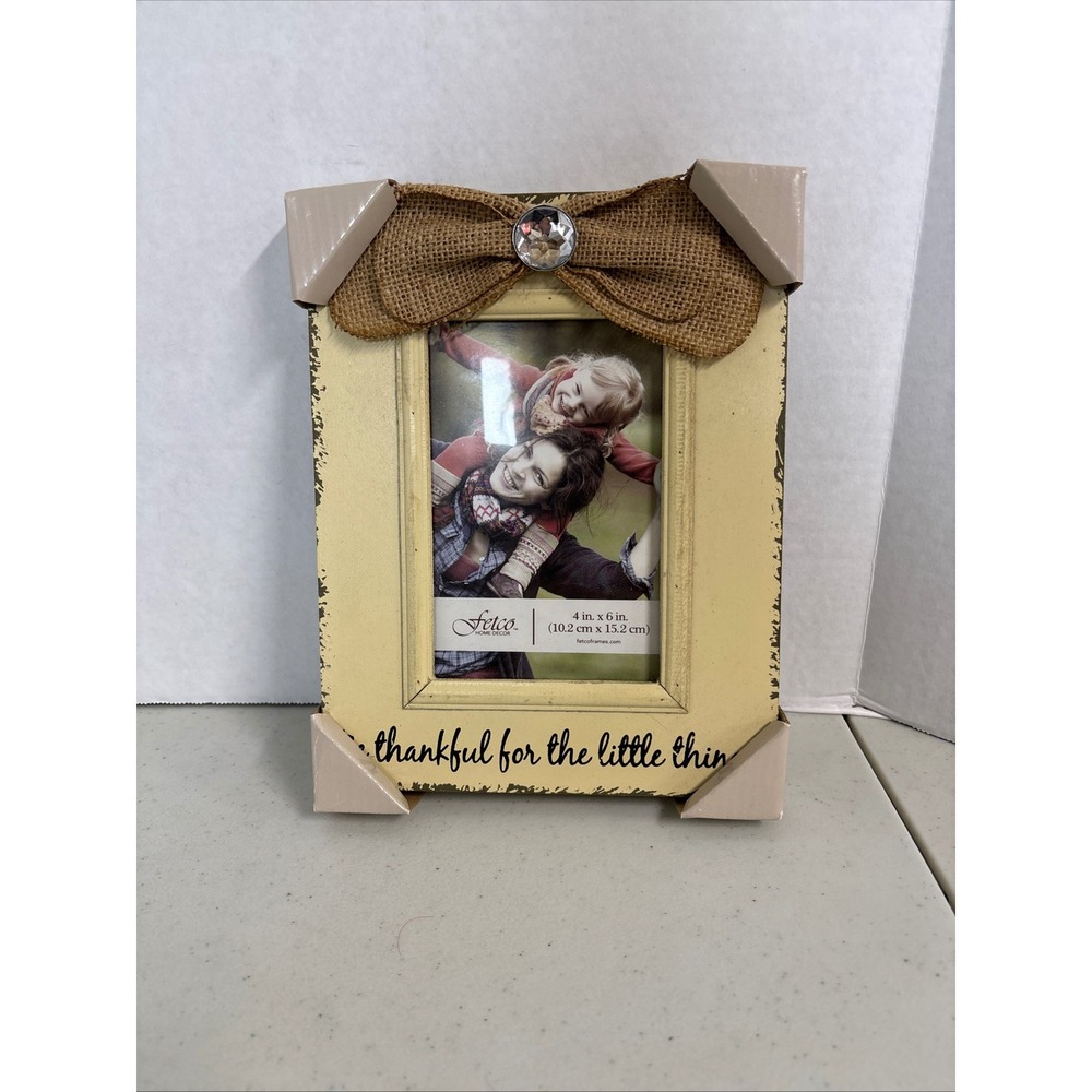 Fetco Home Decor Tague Thankful 4x6 Picture Frame Burlap Bow Distressed‎ NEW